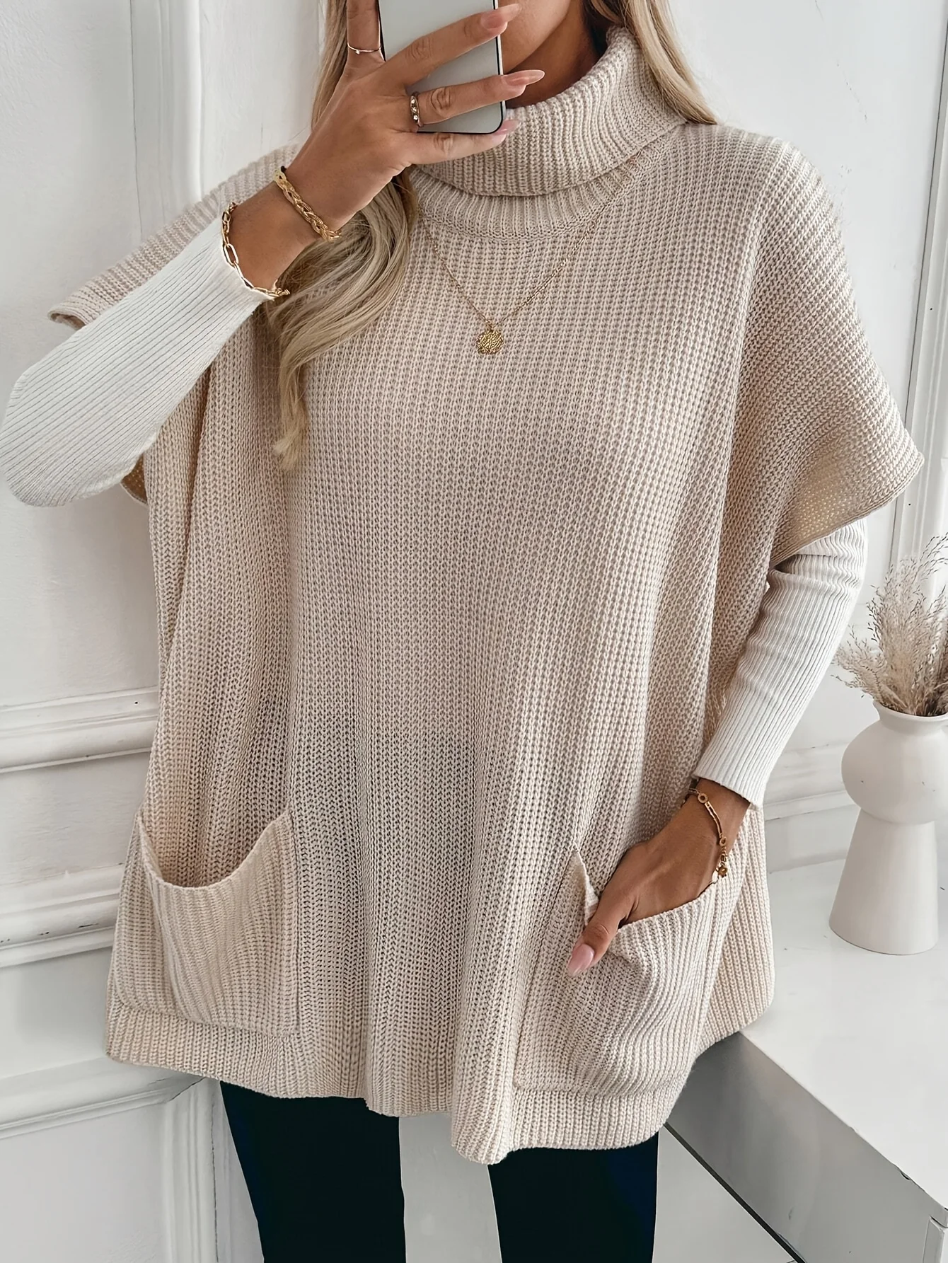 

Women's Spring and Autumn Vest Sweater Vest Women's High Collar Bat Sleeve Waistcoat Loose Western Style Outerwear Lazy Style Kn