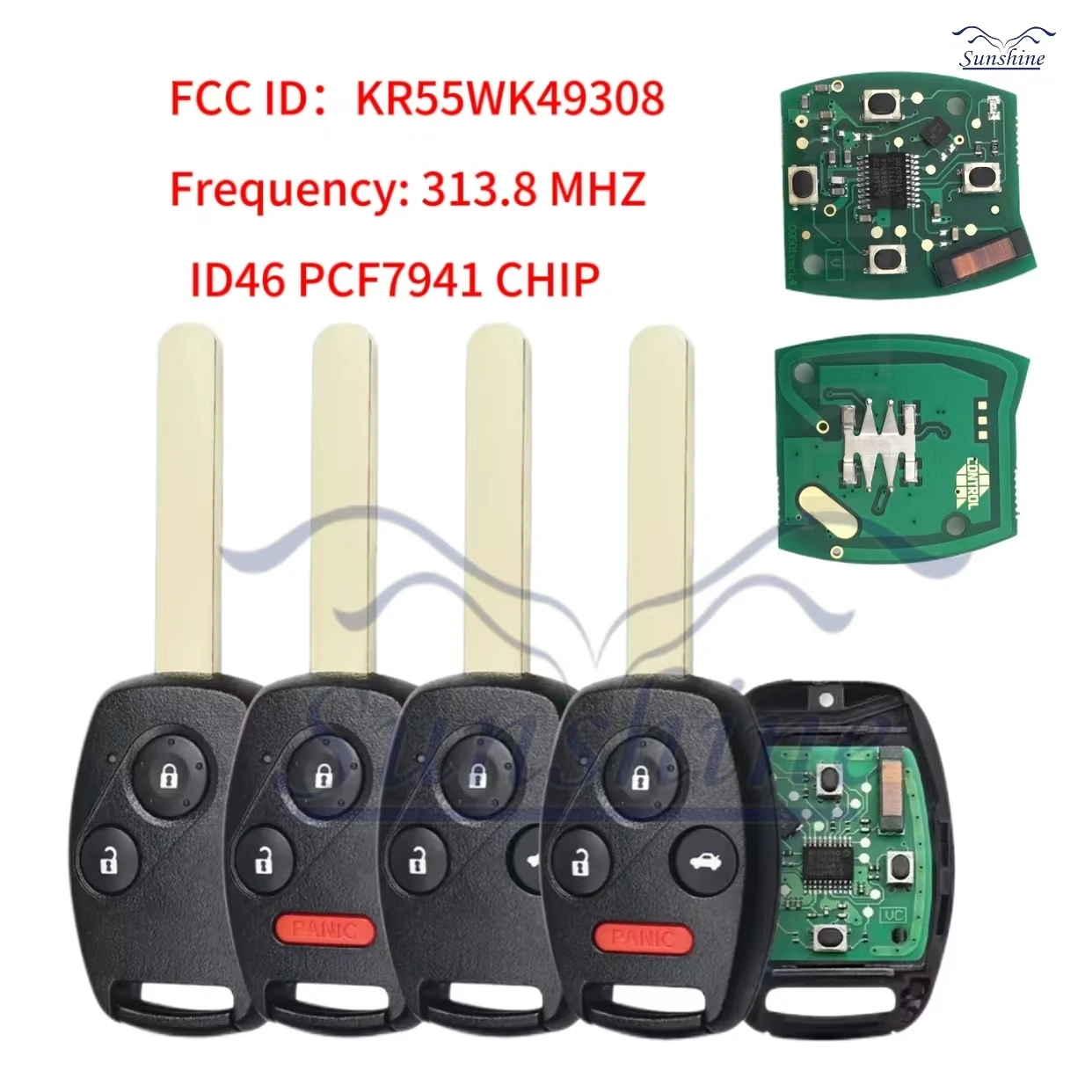 

Sunshine 2/3/4BTN 313.8 Mhz KR55WK49308 Remote Key For Honda Accord Sedan Pilot Civic CRV 2008-2012 Uncut Car Key Fob ID46 Chip