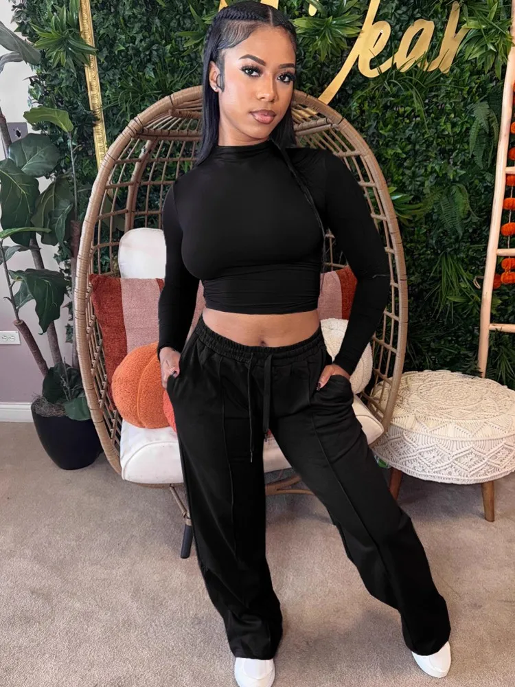 Set da donna da 2 pezzi 2026 Nuovo arrivo Primavera Autunno Set coordinati Manica lunga Tinta unita Top e pantaloni Abiti Abiti Abbigliamento