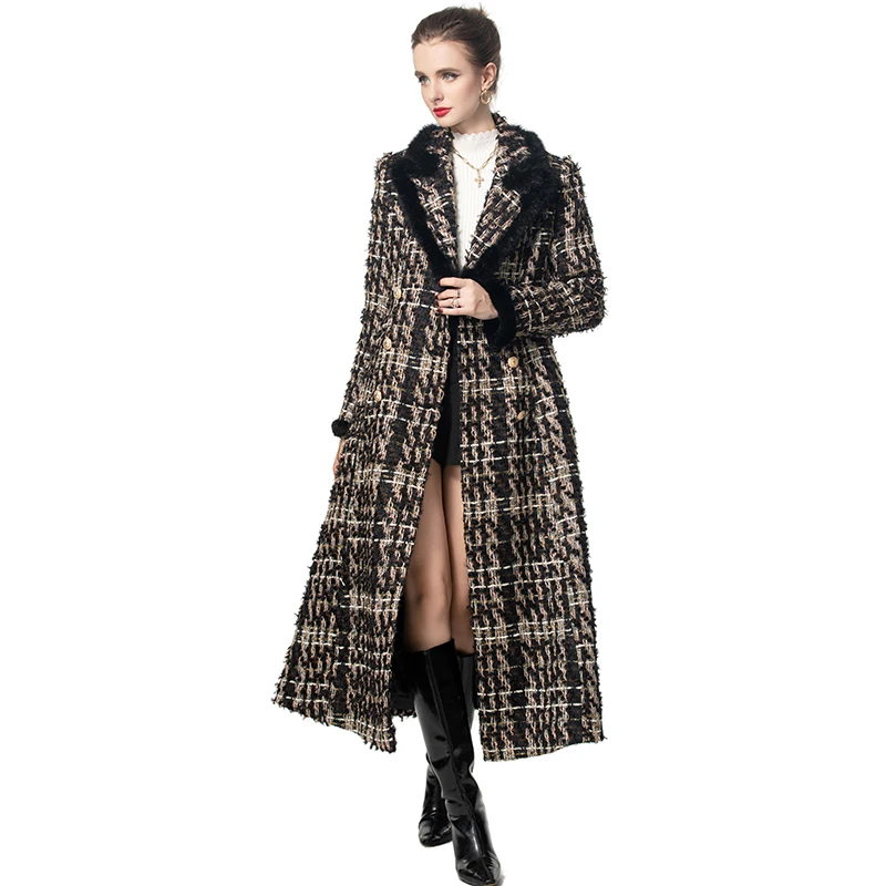 DLDENGHAN Double Breasted Plaid Tweed Coat For Women Feathers Notched Long Sleeve High Street Outerwear Autumn Winter Female New