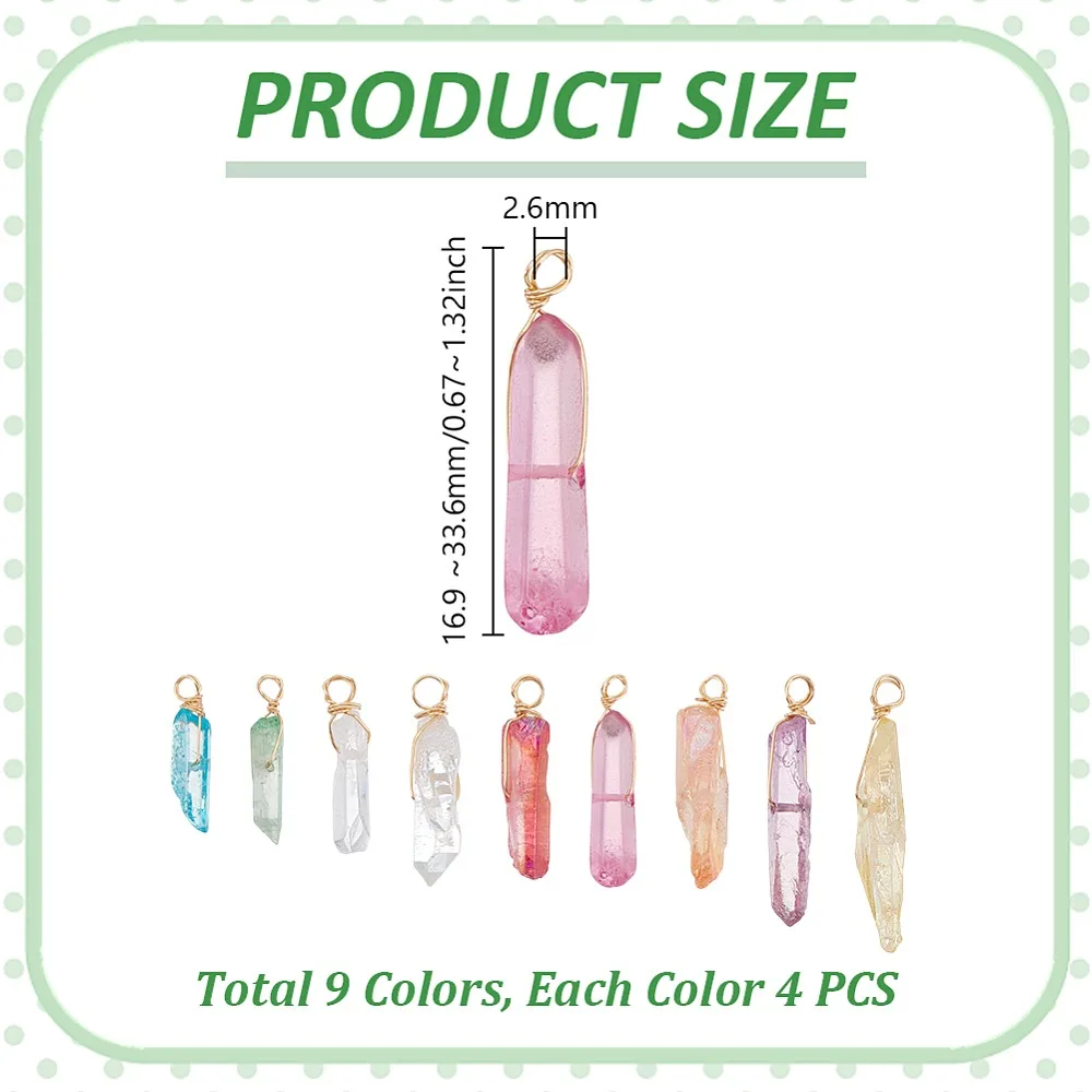 

36Pcs 9 Colors Copper Wire Wrapped Dyed Quartz Pendants Golden Mixed Color 16.9~33.6mm Hole: 2.6mm 4pcs/color