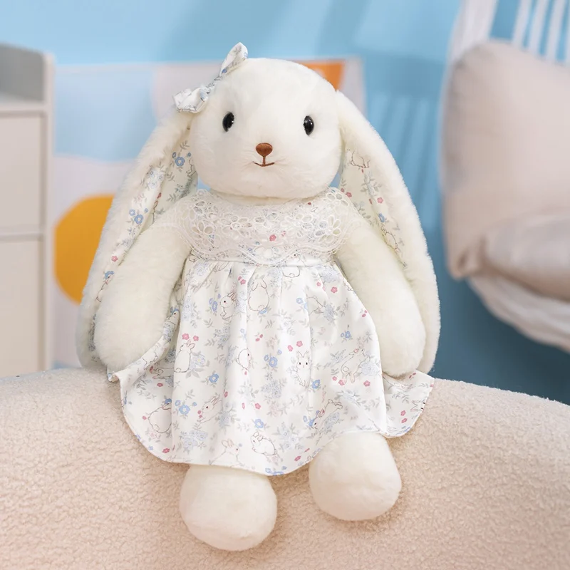 Long Ear Stuffed Bunny White Khaki Floral Dress Rabbits 45cm Soft Ear Bow Design for Holiday Gift Home Accent Decor