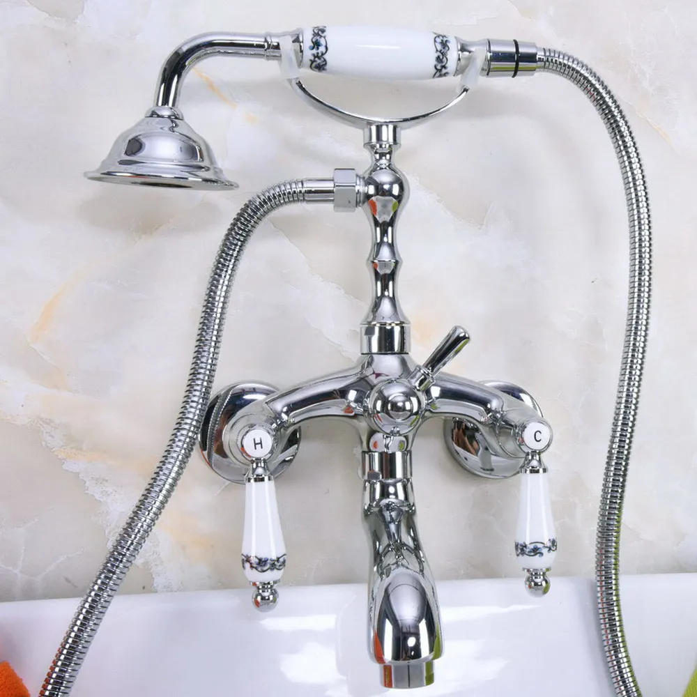 Polished Chrome Brass Double Ceramic Handles Wall Mounted Bathroom Clawfoot Bathtub Tub Faucet Mixer Tap Hand Shower ana218 image 6