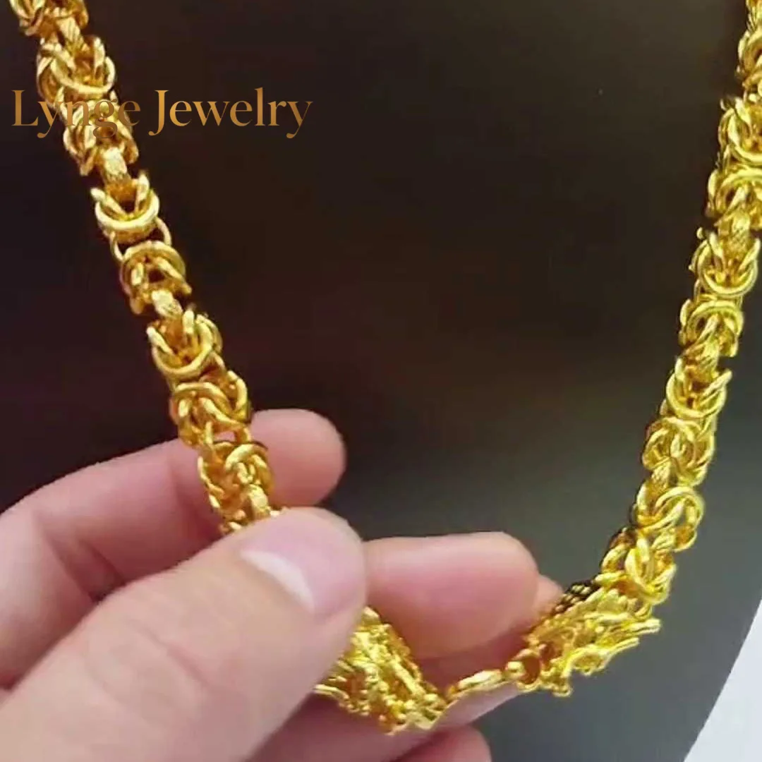 Lynge Jewelry Unisex 24K AU999 Real Gold Boss Chain, Hollow 10MM 60CM Bold Keel Faucet Necklace, Polished Finish