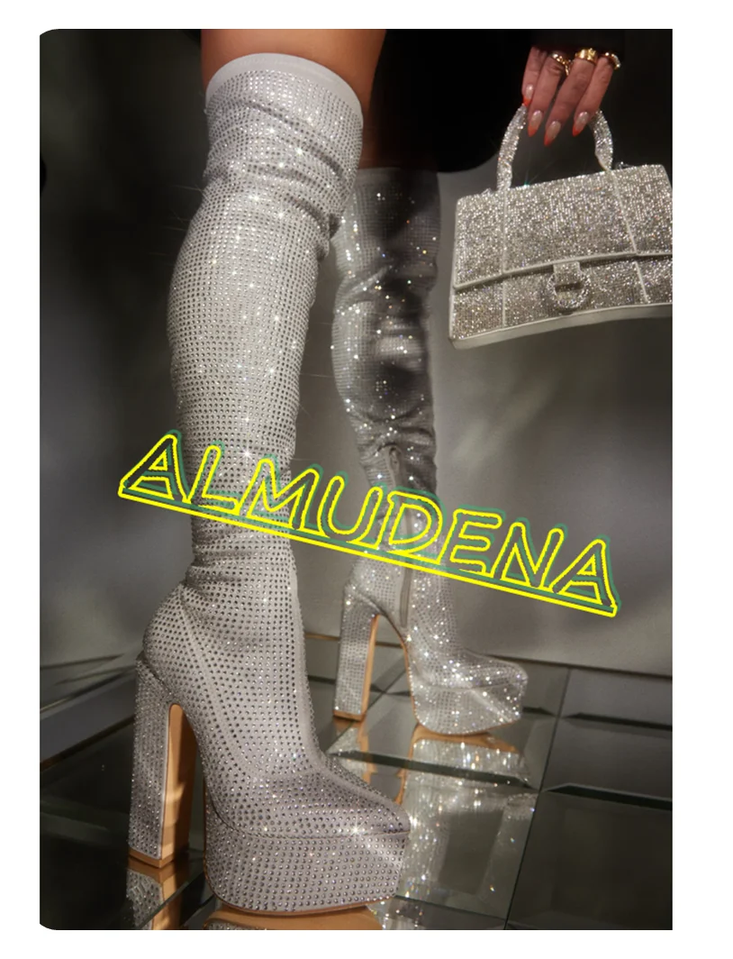 Handmade Rhinestones Platform Knee-high Boots Pointed Toe Block High Heels Side Zipper New Arrivals 2025 Women Dress Party