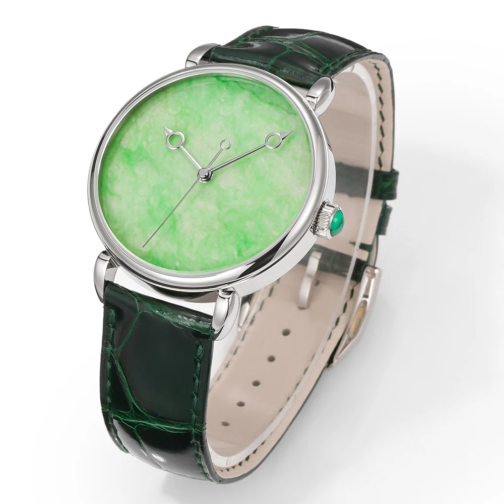 HUASUO 41mm Luxury Retro Jade Or Malachit Dial Mens Watches Gemstone Wristwatch Sapphire Crystal Automatic Movement ETA2892