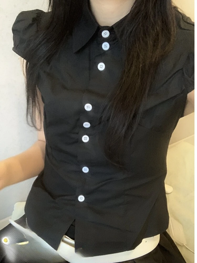 

Summer Ruched Black Slim Waist Blouses 2025 New Short Sleeve Shirt Women Y2k Grunge Casual All-match Blusas De Mujer