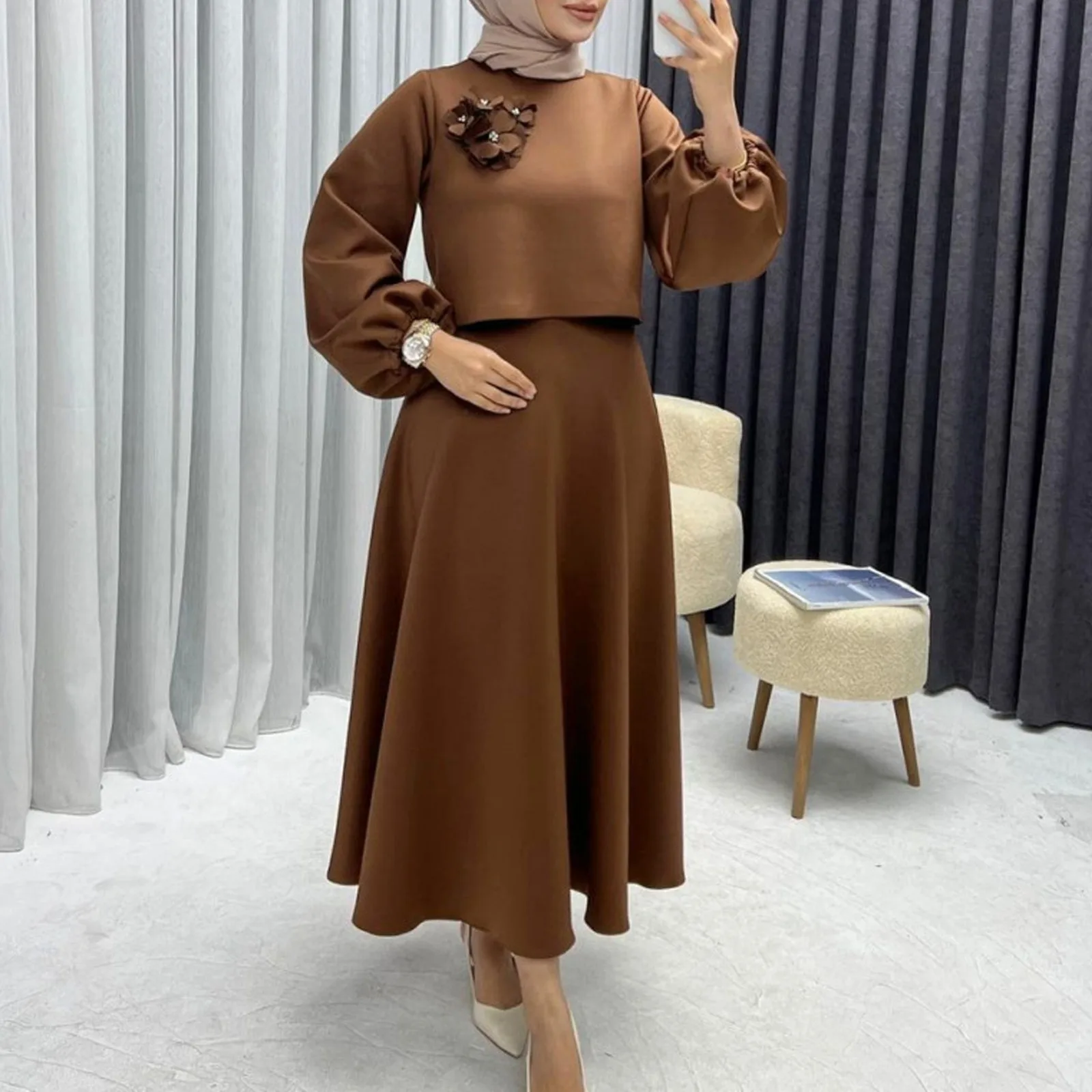 Muslim Elegant 2 Piece Set Women Lantern Sleeve Flower Crop Top High Waist A-line Skirt Suit 2024 Spring Lady Abaya Turkey Sets