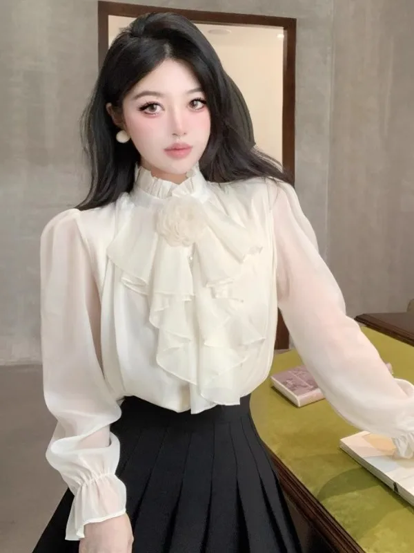 

Sweet Elegant Floral Long Sleeve Chiffon Shirt Stand Collar Design Lace Trim Autumn New Style Versatile Women's Fashion Top
