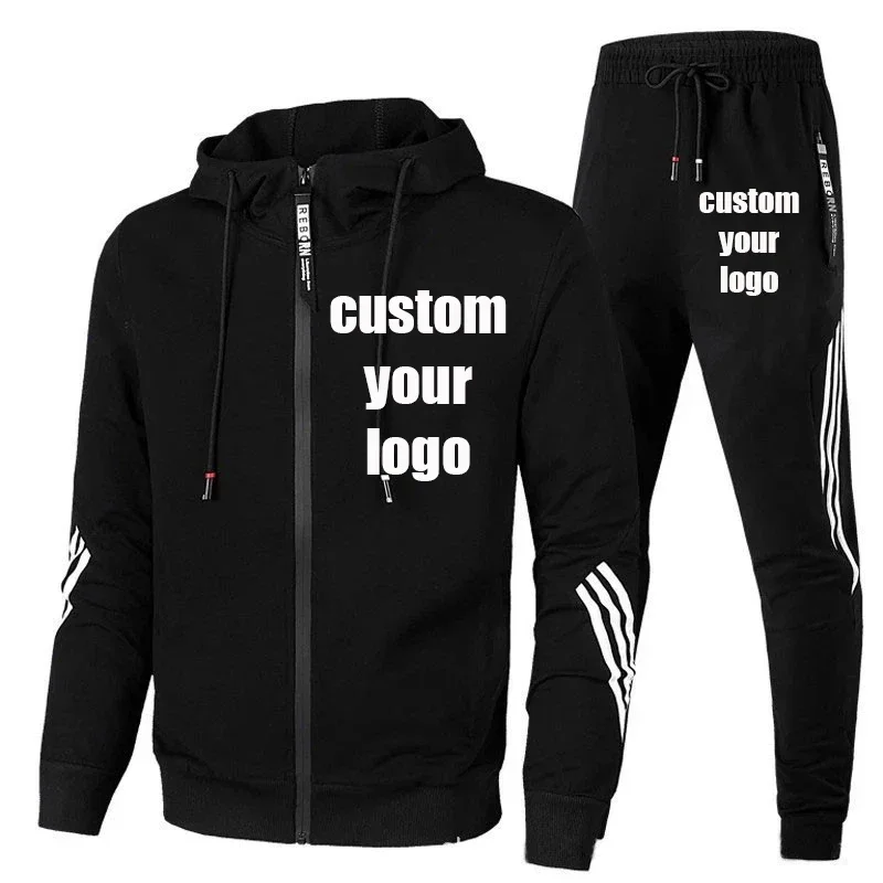 Customized new trend men\'s casual sports set Fashion zipper jacket Men\'s and women\'s running sports set