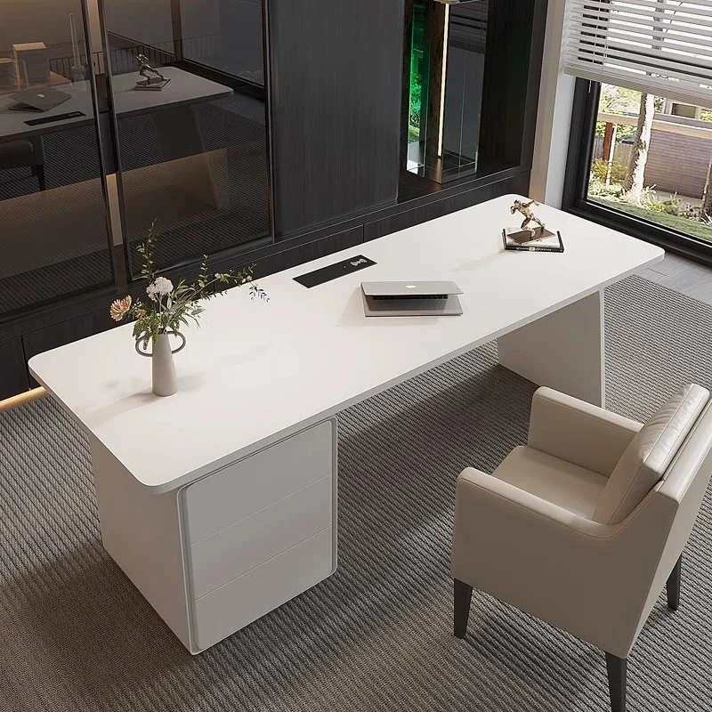โต๊ะทำงานดีไซน์ทันสมัยสีขาว พร้อมเก้าอี้เก็บของ โต๊ะทำงานแบบยืนสำหรับผู้บริหาร โต๊ะคอมพิวเตอร์สำหรับห้องนอน เฟอร์นิเจอร์สำนักงาน/บ้าน