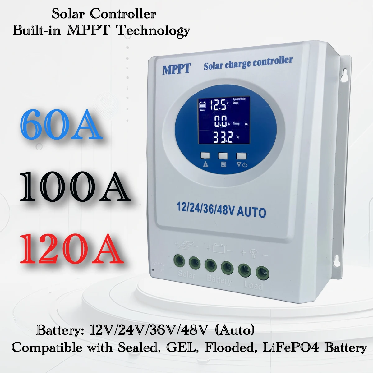 150A MPPT Solar Charge Controller 100A 60A -12V/24V/36V/48V Auto 7 Modes for Lead-Acid/Lifepo4/Lithium with Dual USB LCD Display