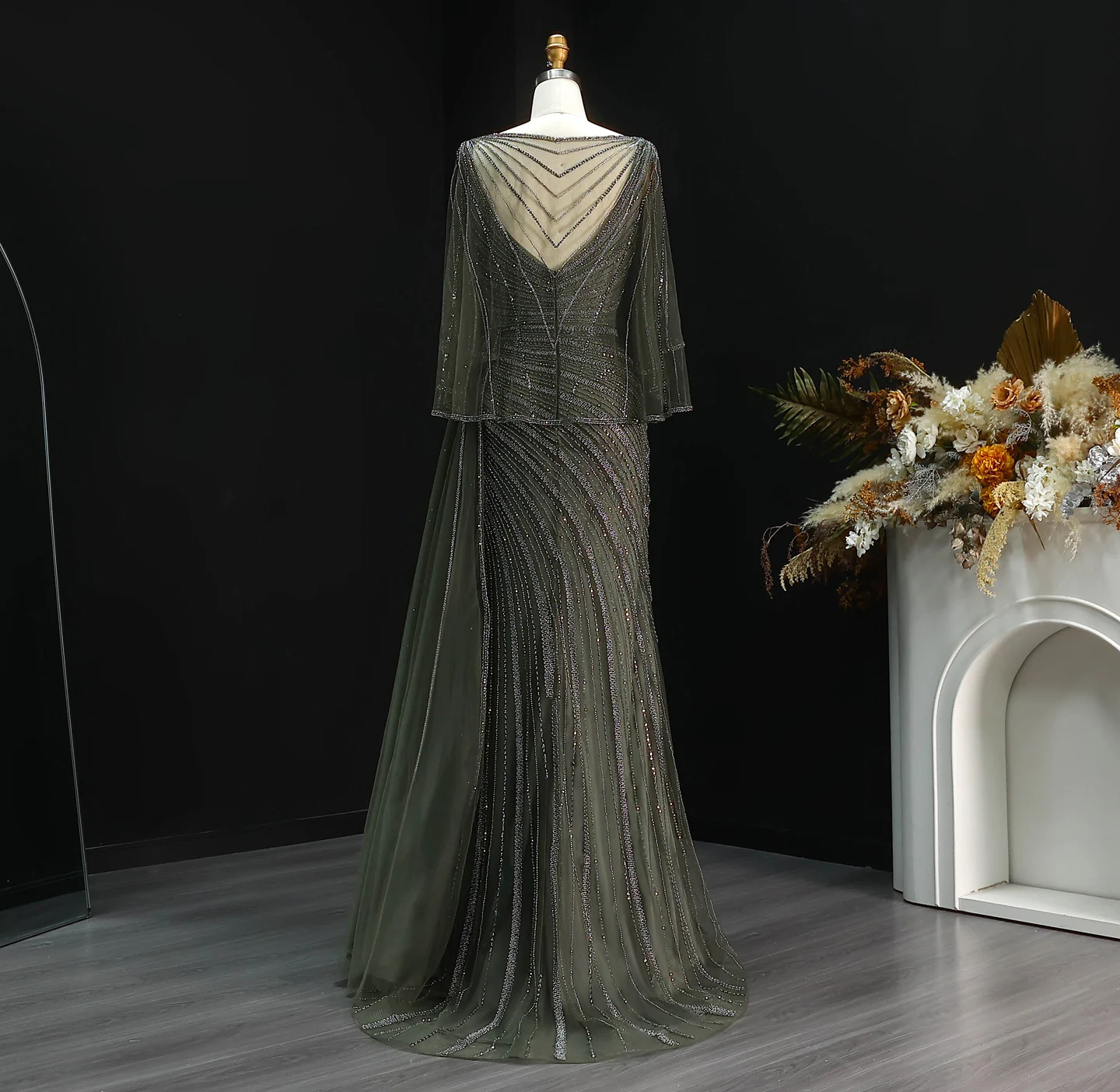 Sharon Said Luxuriöses Schwarzes Abendkleid, Lang, Perlenbesetzt, V-Ausschnitt, Cape-Ärmel, Elegante Ballkleider, Hochzeitsfeier, Damen, SS063, Maßanfertigung – Detail 16