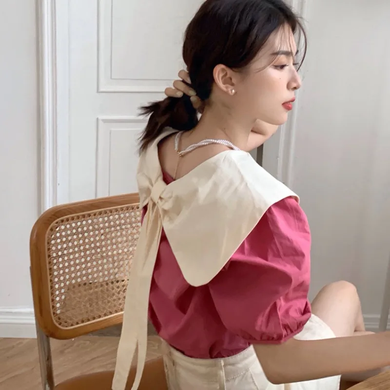 

Short Sleeve Shirts Womens Lapel Neck Cotton Shirred Waist Blouse Batwing Vintage Commuter Oversize Turndown Chic Korean Office