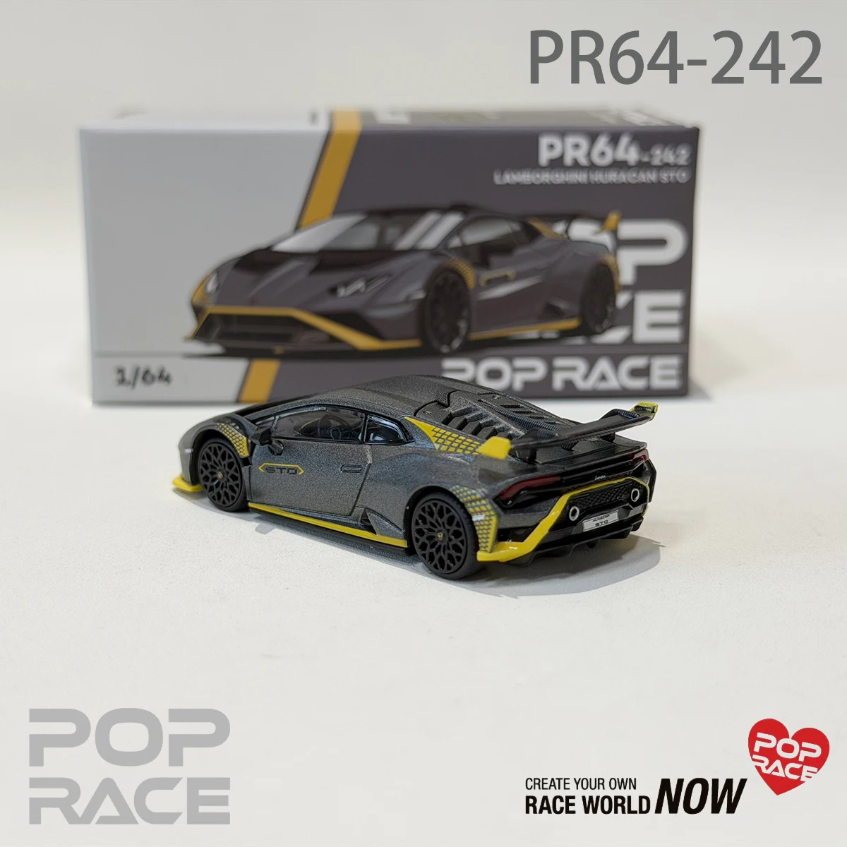 PR640242 In Stock 1:64 POP RACE  Huracan STO Matte Dark Grey Yellow Trim European Supercar Diecast Car Model Fast Ship