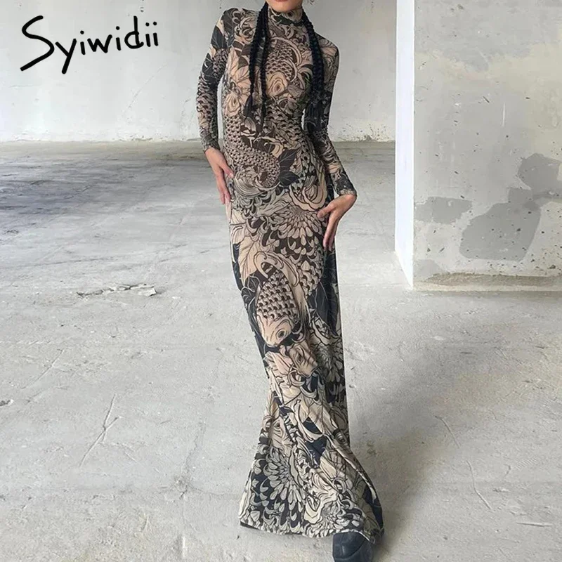 Syiwidii Trendy Mesh Print Women Maxi Dress Elegant Turtleneck Long Sleeve See Through Bodycon Dress 2025 New Sexy Party Dresses