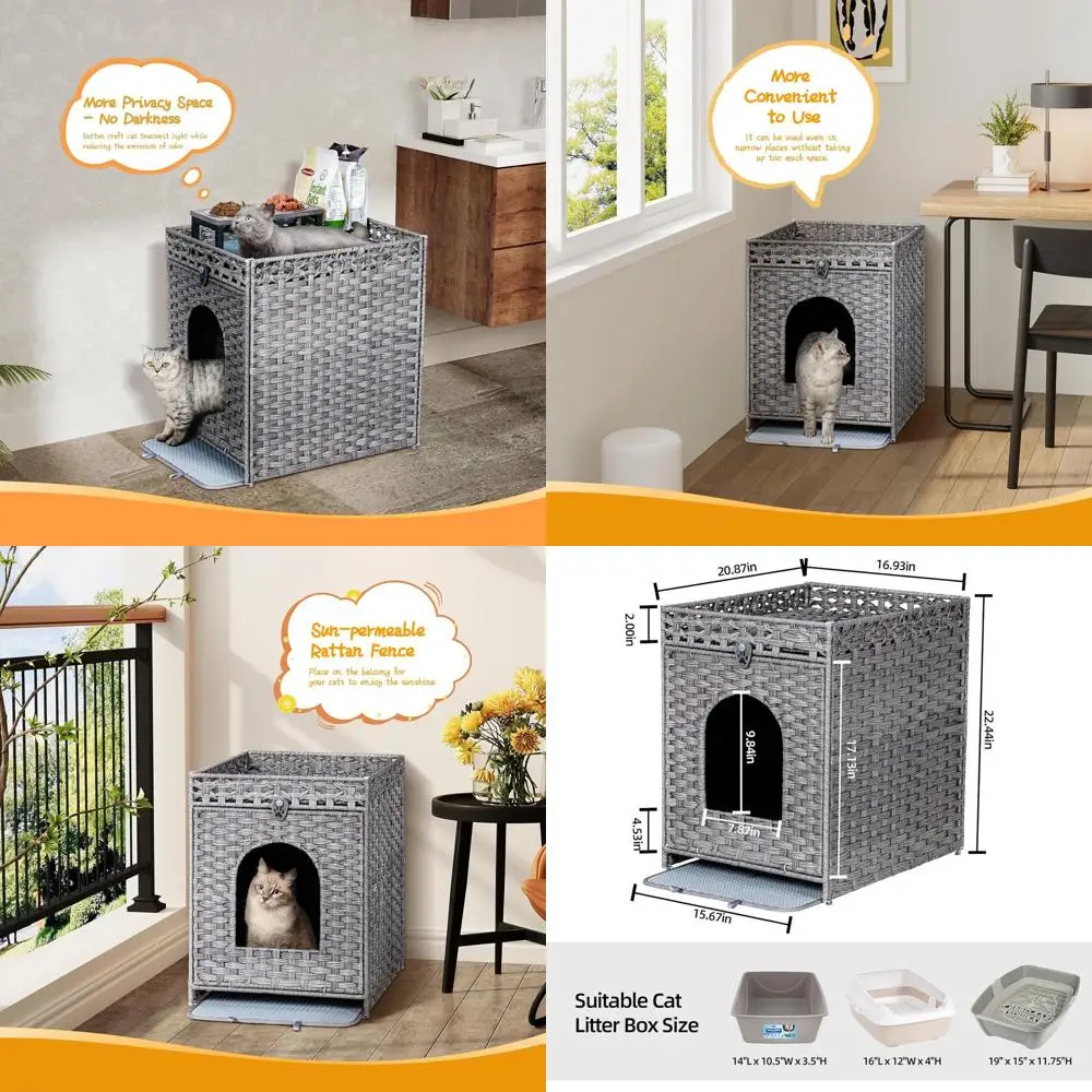 

Серый плетеный лоток-туалет для кошек с дверцей и ковриком, стильная комнатная туалетная комната для домашних животных