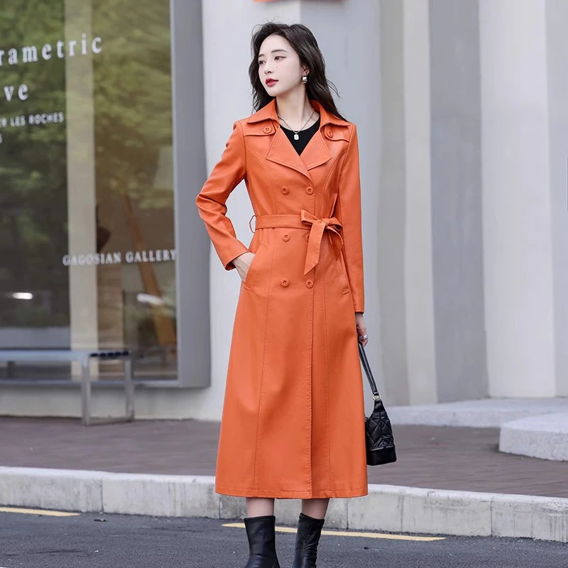 Women Long Leather Coat Autumn Winter Fashion Turn-down Collar Double Breasted Slim Trench Coat Split Leather Casual Overcoat