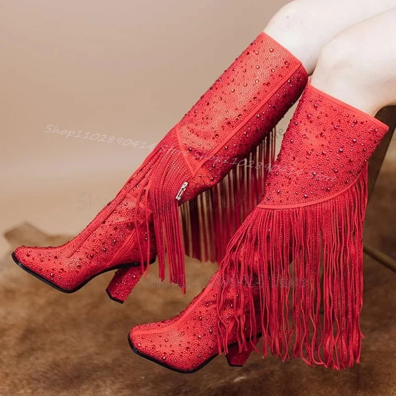 Rhinestone Decor Multi Colors Tassels Boots Side Zipper Women Shoes Chunky High Heels Fashion Banquet 2024 Zapatos Para Mujere