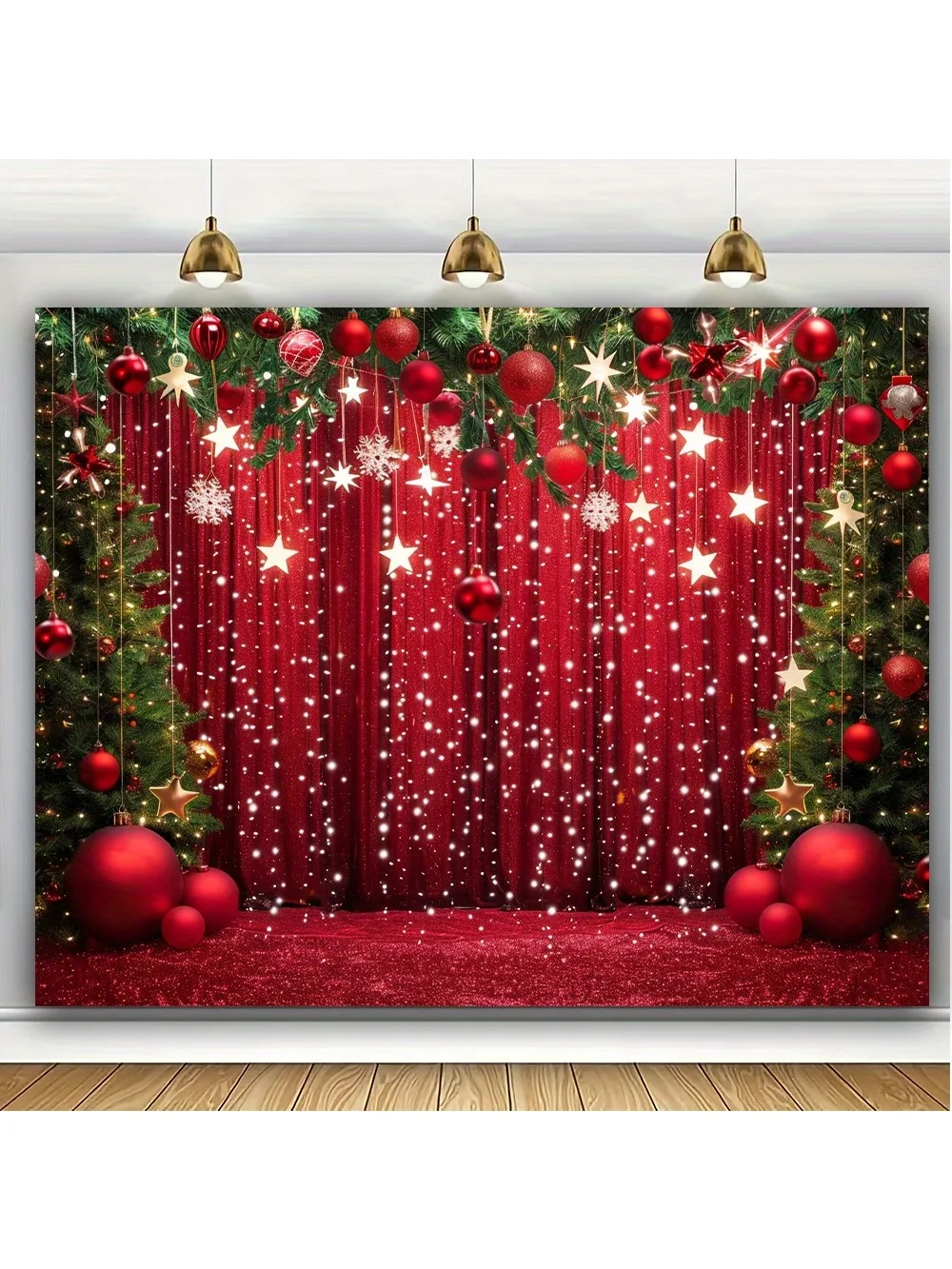 Merry Christmas and Happy New Year photo background - red snowflakes and Christmas ball theme, suitable for family gatherings