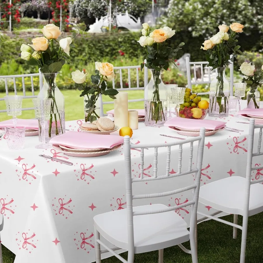 2 Pcs Pink Bow Table Cloths 54 x 108 Inches Waterproof Stain Resistant Perfect for Baby Showe Birthdays Weddings and More