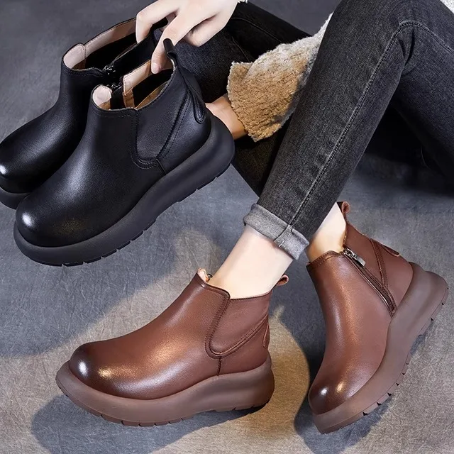 

Leather Chelsea Boots Casual Mom Large Size Fleece Lined Short Boots High Tube Booties round Toe mid Heel Rubber Sole