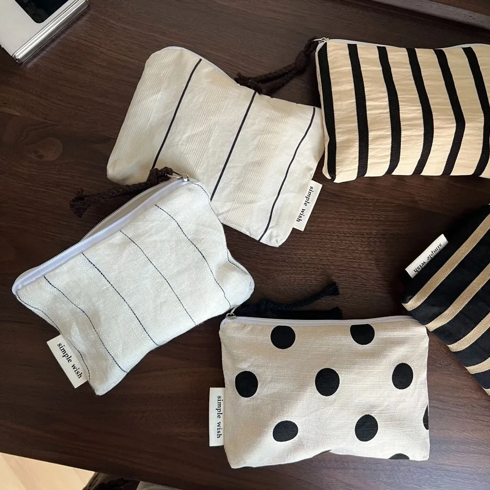 Cotton Linen Material Mini Coin Purse Polka Dot Design Portable Size Small Card Pouch Striped Pattern Minimalist Style