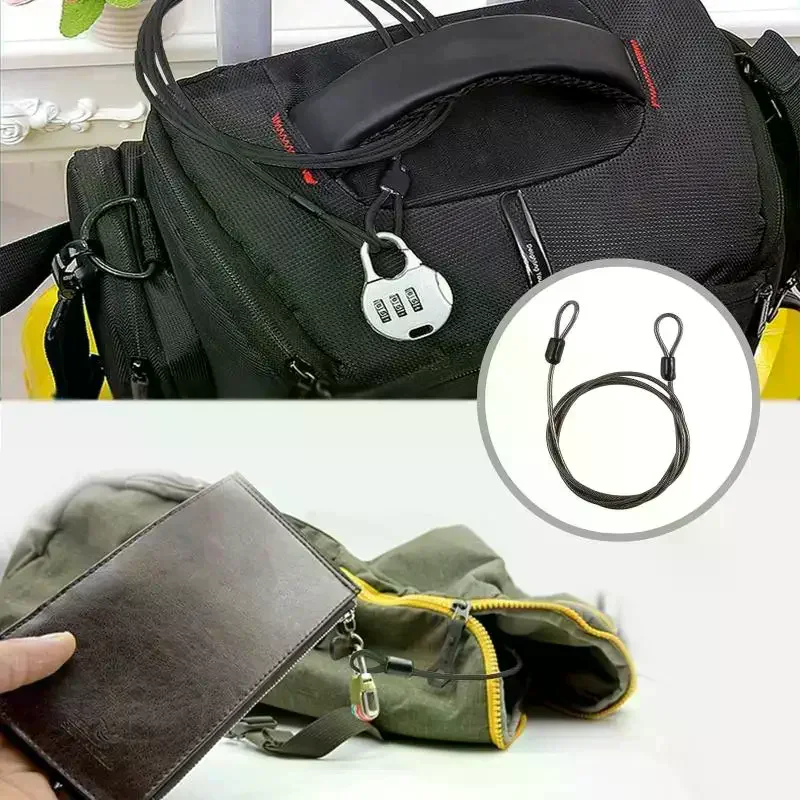 Security Steel Cable With 3 Digit Combination Lock Travel Padlock 1M Coated Safety Wire Rope Double Loop For Luggage Suitcase
