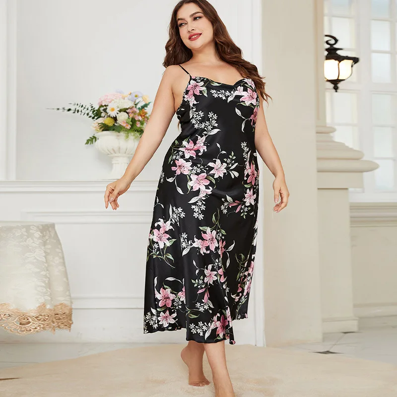 

Summer Women Silk Sleepwear Big Size Nightgown Sexy Print Halter Nightgown Homewear Fashion Casual Luxury Brands Pajama Clothes