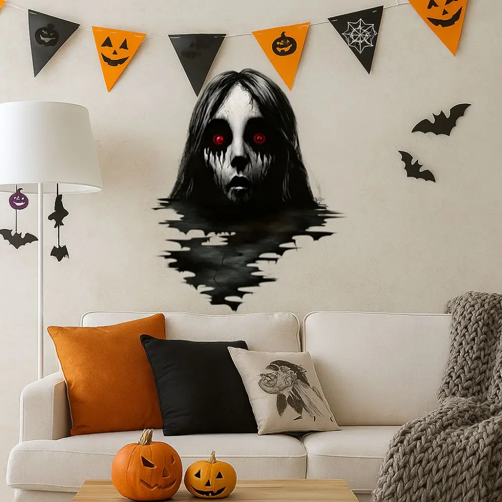 Fun Self-Adhesive Halloween Wall Decals Removable Thriller Scary Wall Stickers Realistic Ghost Stickers Home Decoration