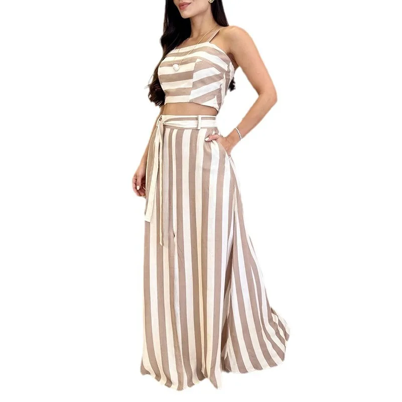 Striped Crop Top & Cuffed Pants Set Women Wide Leg Pant Sets Two Piece Suit Single Breasted High Waist Elegant Trousers Suits