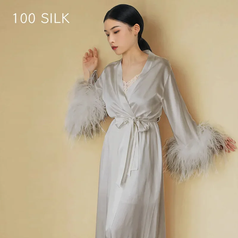 Women's 100% Mulberry Silk Long Robe Luxury Bridal Nightgown with Ostrich Feather Trim Sexy Lingerie Kimono PJ for Autumn Winter