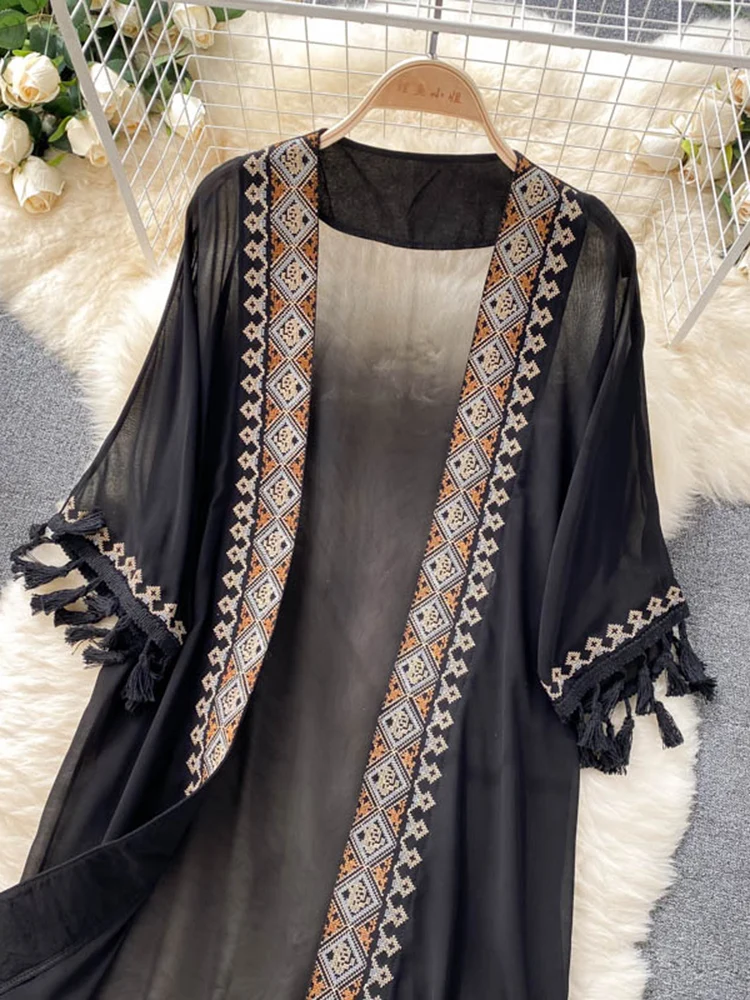 WeHello 2023 Summer Beach Kimono Women Bohemian Cover Up Long Fashion Embroidery Poncho Cardigan Tassel Chiffon Shirt