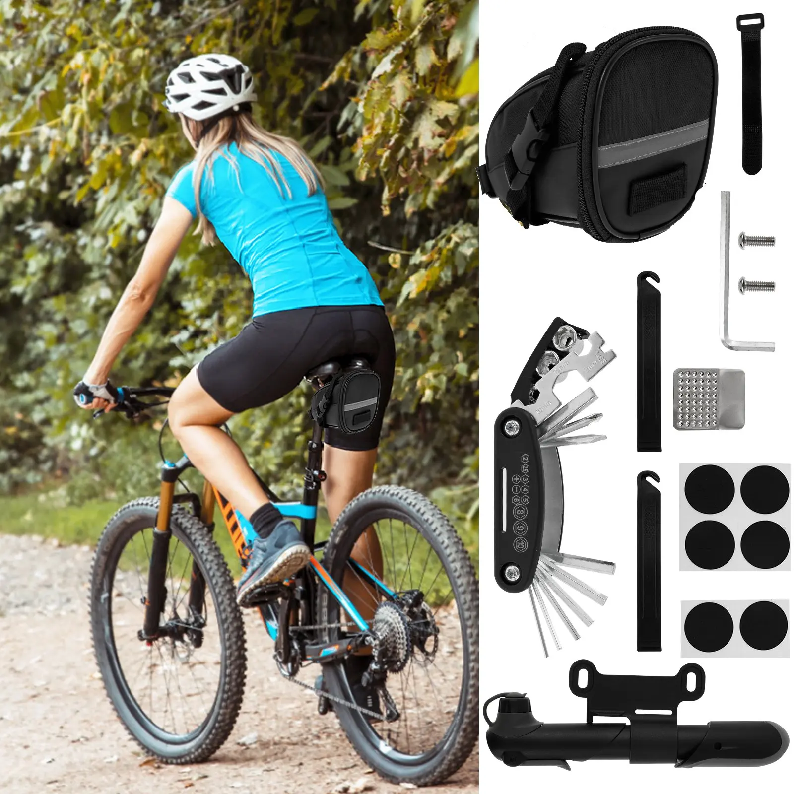 Bike Repair Tool Kit with Pump Includes various repair tools such as wrenches, pry bars, and files Bicycle riding emergency kit