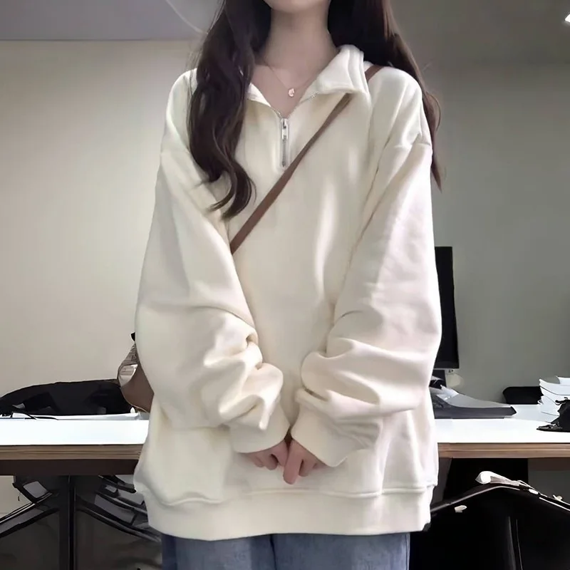 

Large size loose stand-up zipper design perceptual long-sleeved pullover casual sweatshirt Joker slim top
