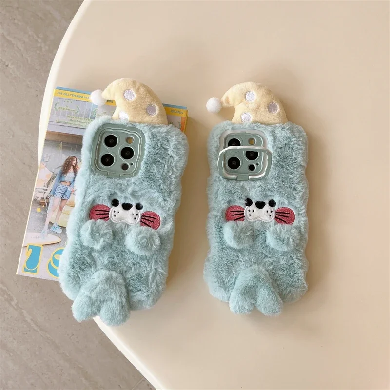 Plush Hair Rabbit Fluff Toy Soft Back Cover For iPhone 16 15 14 13 Pro Max 14 Plus 15 Plus Warm Cute Cartoon Stand Phone Case