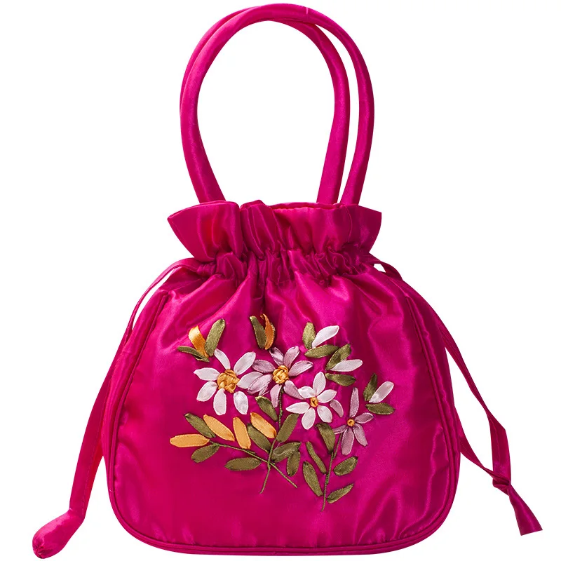 Ethnic Style Handmade Embroidery Handbag Ancient Style Floral Embroidered Drawstring Closure Tote Small Bag 2024 Bags for Women