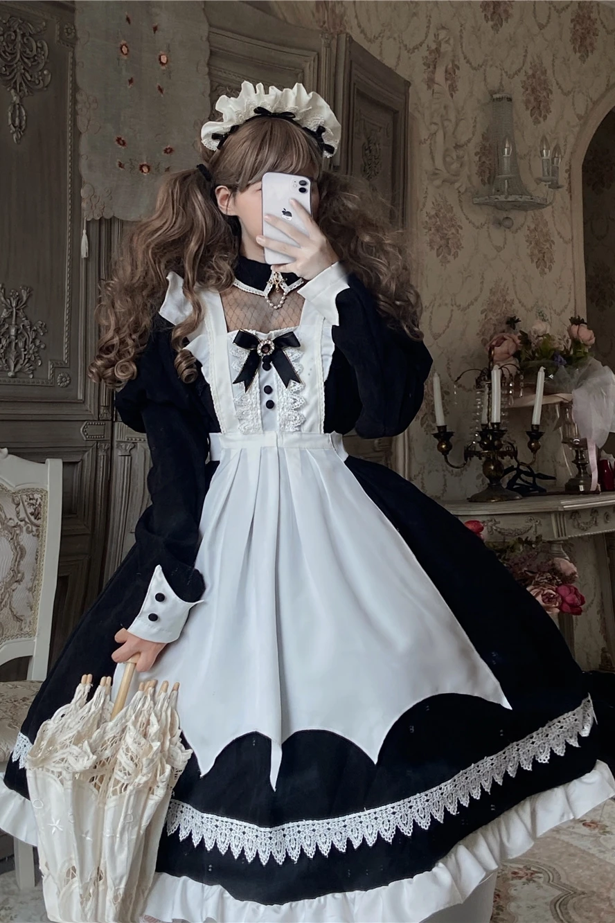 Lolita Maid fur s, Short Retro, Elegant Tablier, Puff Sleeve Jumpsuit, High Waist, Long fur s, Kawaii Girl, Gothic Lolita Op Loli Cos