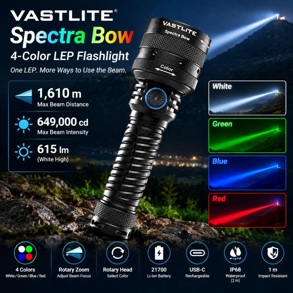Vastlite Spectra Bow Multi-Color Zoomable LEP Flashlight 649000CD Long Range Torch Light Rechargeable Professional Search Light