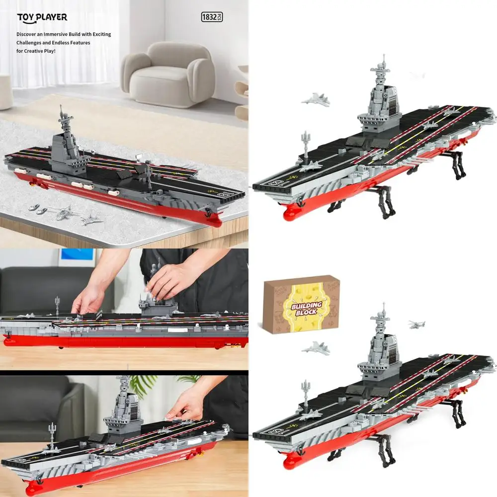Large WWII Aircraft Carrier Building Set, 1514-Piece Military Battleship with Helicopter & Lifeboat, Compatible with LEGO for Ad