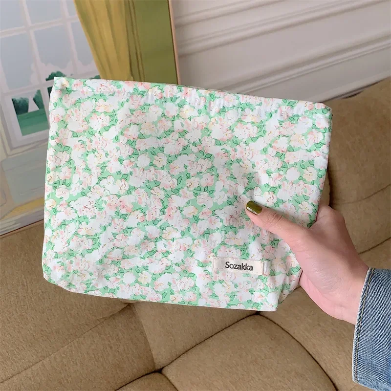 Simple Fresh Floral Cotton Storage Bag Portable Clutch Makeup Bag Cosmetic Bag Travel Skincare Toiletries Organizer Toilet Bag