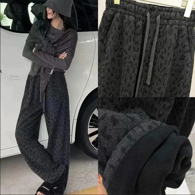 

plus Size Fce Lined Thiened Leopard Print Casual Pants Women's Autumn Winter High Waist Slimming Wide Leg Trousers