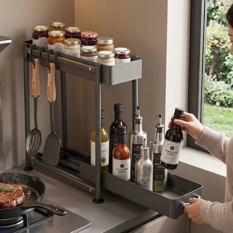 Narrow Countertop Kitchen Organizer Sliding Drawer Seasoning Storage Rack 2 Tier Storage Racks Multipurpose Holder for Kitchen