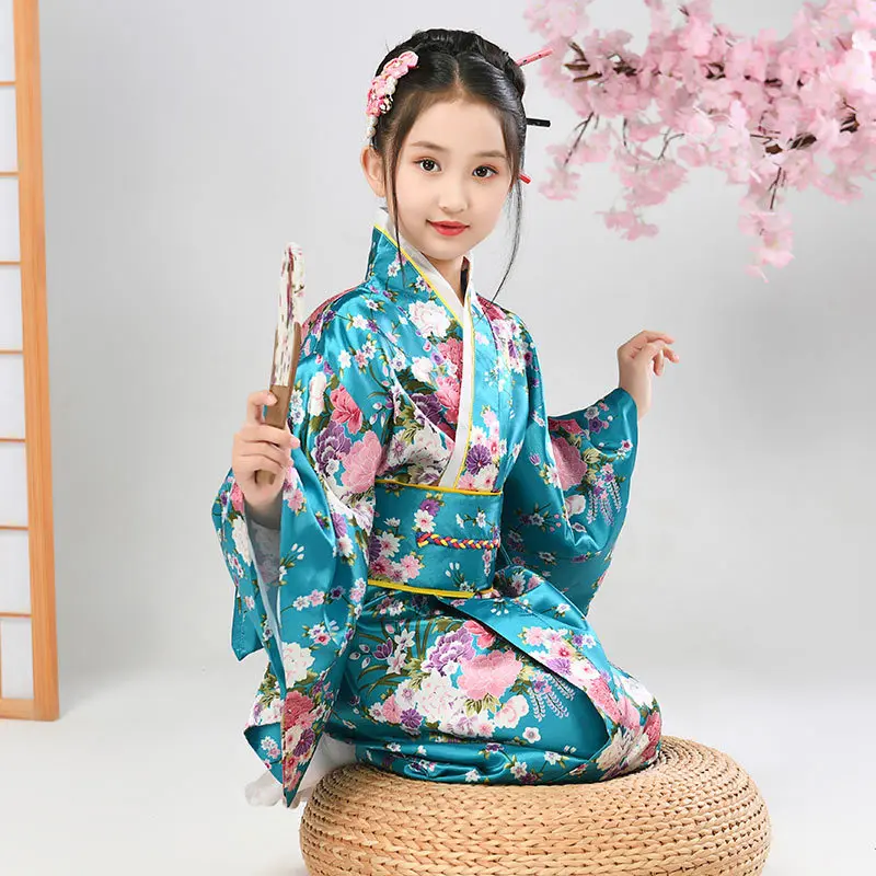 Girls Novelty National Japan Kimono Traditional Yukata Kids Dress Satin Silk Luxury Oriental Bath Robe with Obi Performance