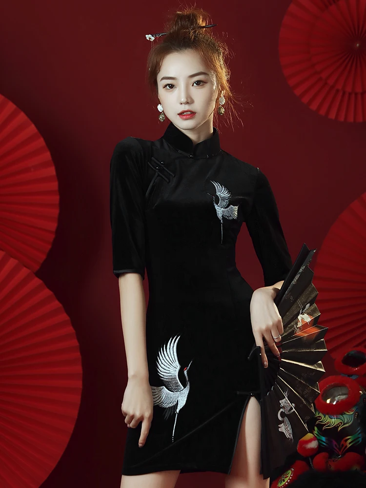 Small Black Cheongsam for Women Spring and Summer Dress National Style Young Girl New Slimming Short