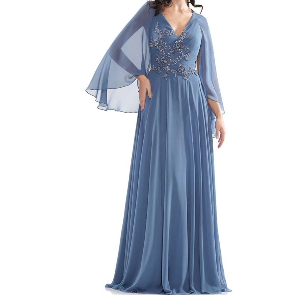 

Appliques V Neck Chiffon Straight Evening Dress Floor Length Crystal shawl 3/4 Sleeves Classic Party Gowns Woman Zipper Back