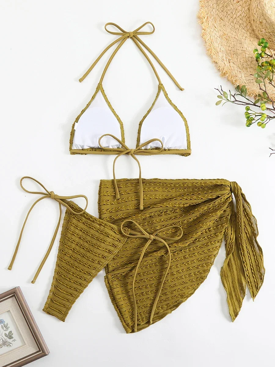 Sexy 3 Pieces Bikini Women Swimsuit 2025 Summer Halter Triangle Swimwear Bottom Bikinis Sets Beach Cover Up Female Bathing Suits