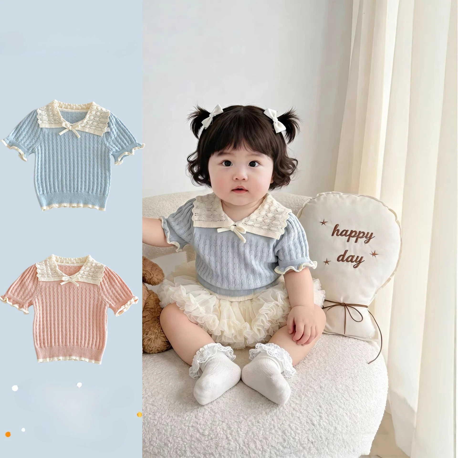 

2026 baby summer clothes baby summer short sleeved top thin cut hollow cute knitted clothes