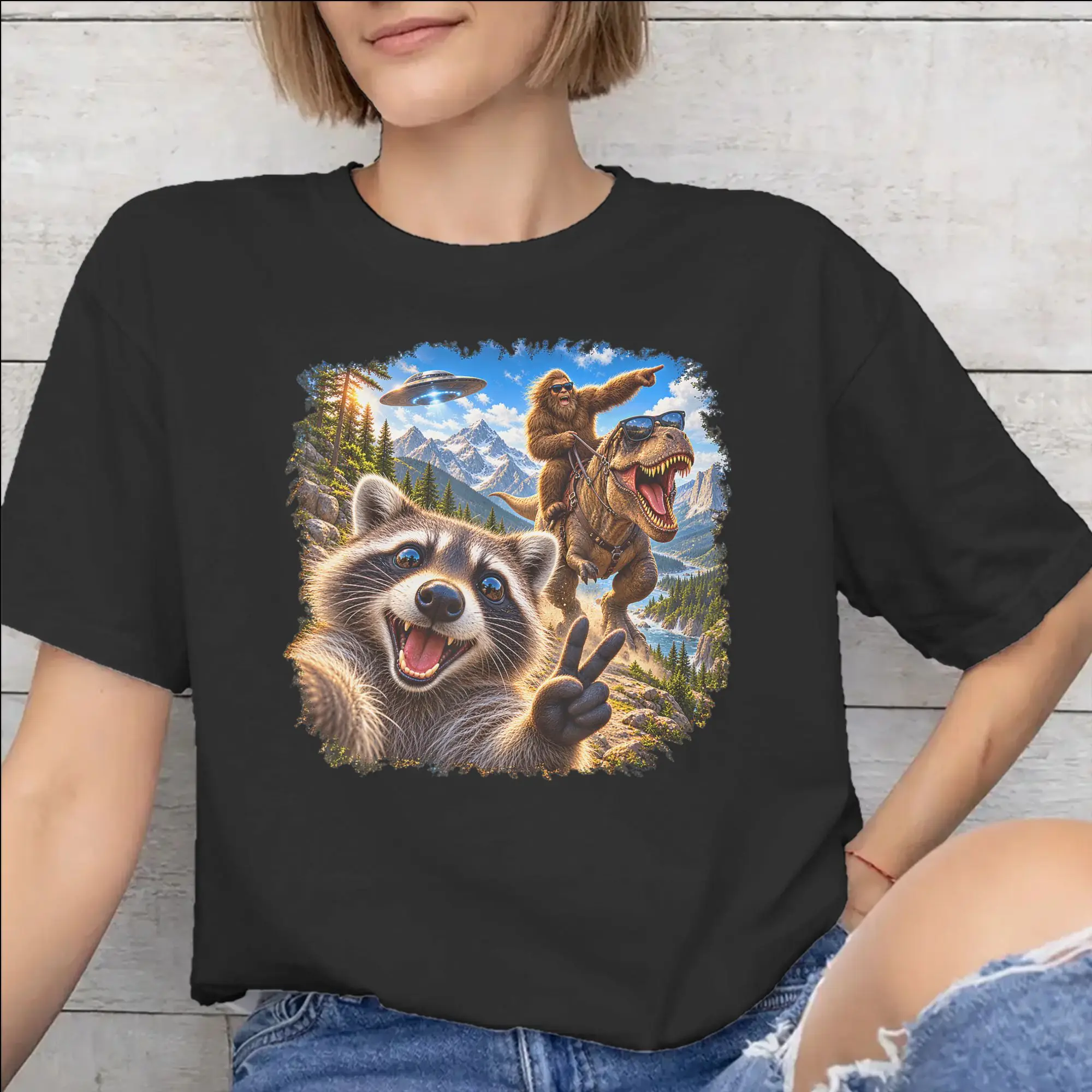 Funny Bigfoot Ride Dinosaur Raccoon Tee Shirt for Men Women Fashion T Shirts  100% Cotton Clothes