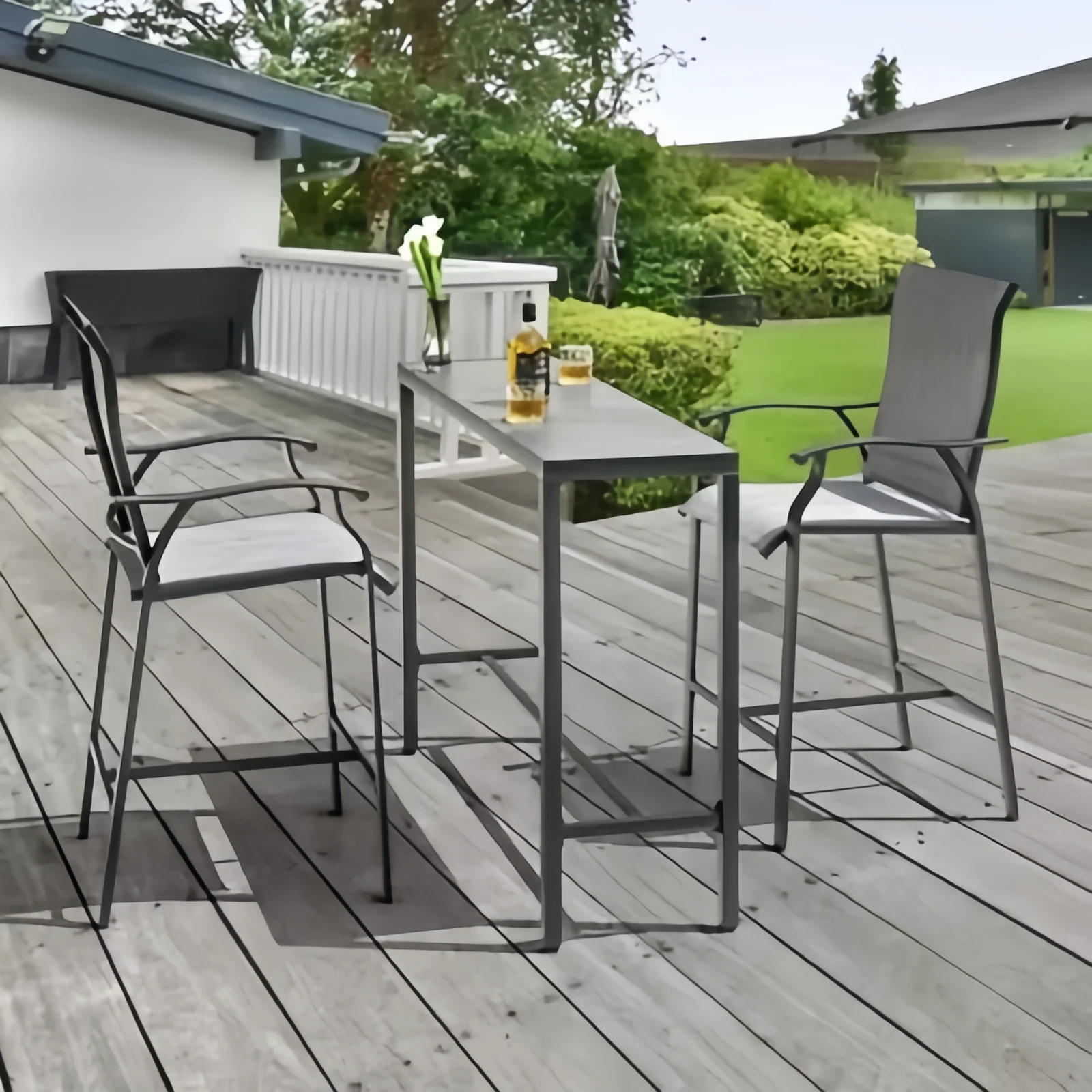 ！@Dwoo Modern Waterproof 3 Piece Bistro Bar Set UV Resistant All Weather Outdoor High Backrest Balcony Bar Stools Table Set